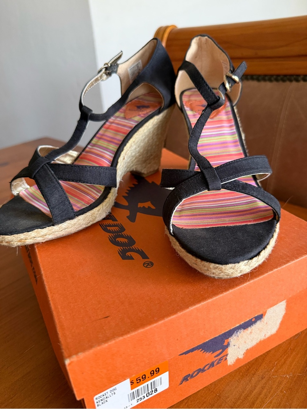 Rocket Dog Black Espadrille Wedge Sandals with Tan Rope Heel